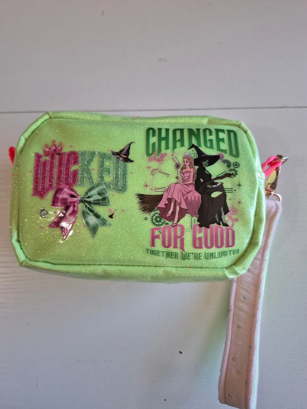 Whimsical Green & pink witches glitter wristlet or clutch
